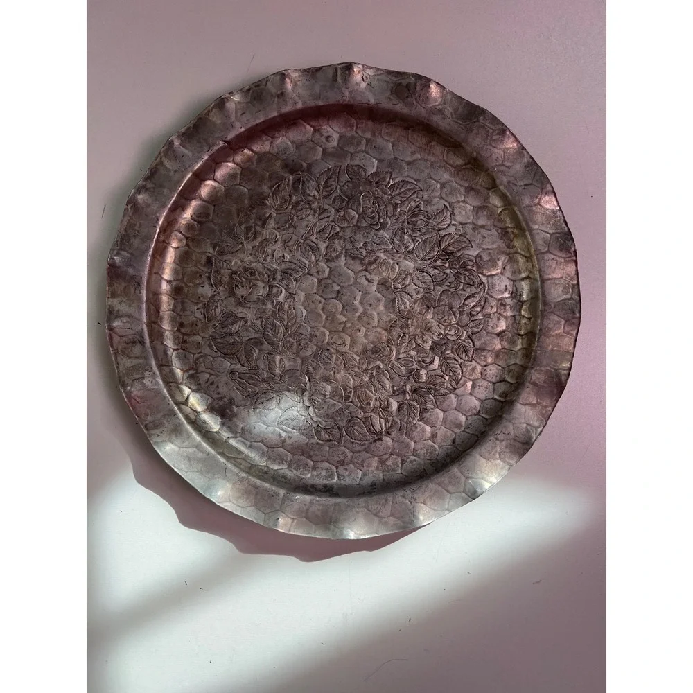 Hand Forged Aluminum Serving Tray 12 Inch Vintage Rose Hammered Floral‎ MCM